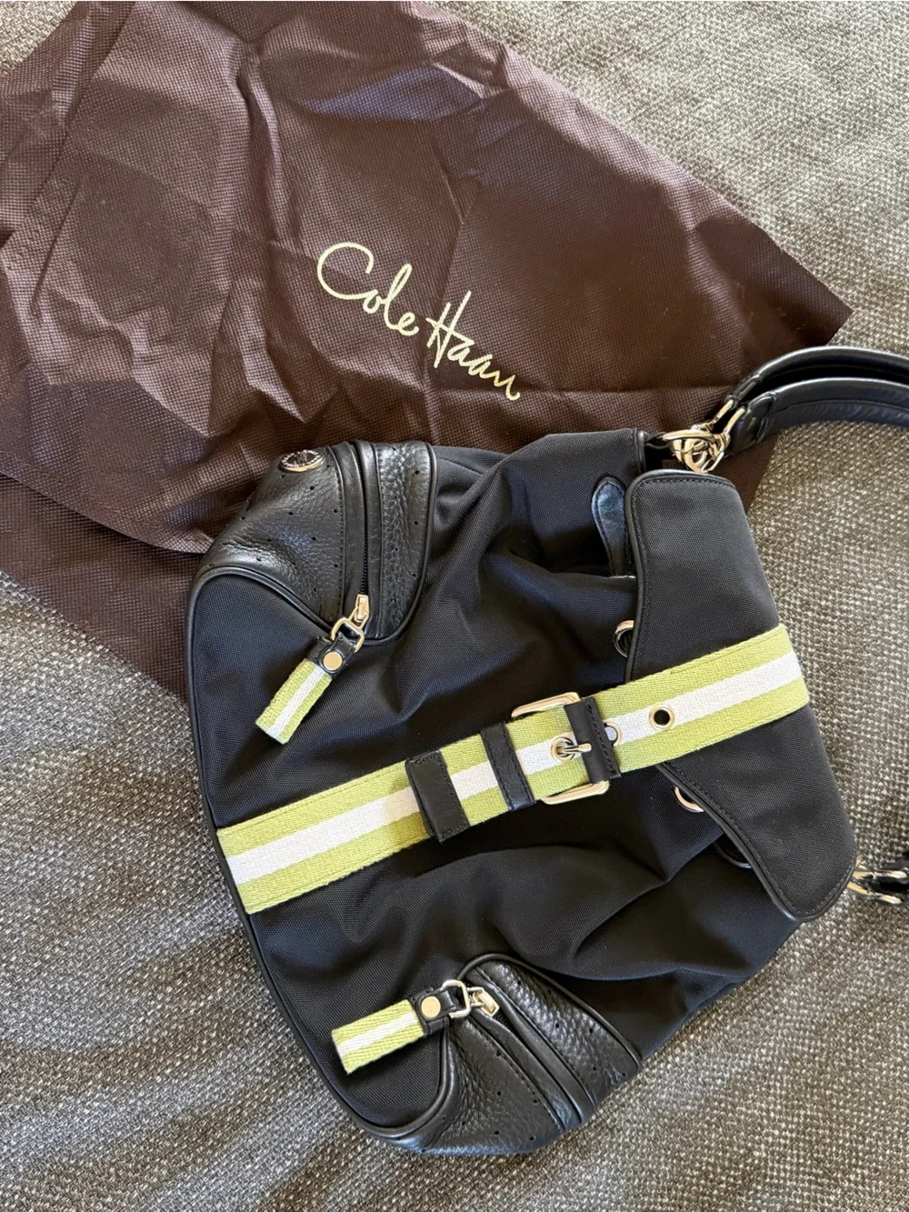 Cole Haan Black Nylon Messenger Bag with Lime and White Stripe